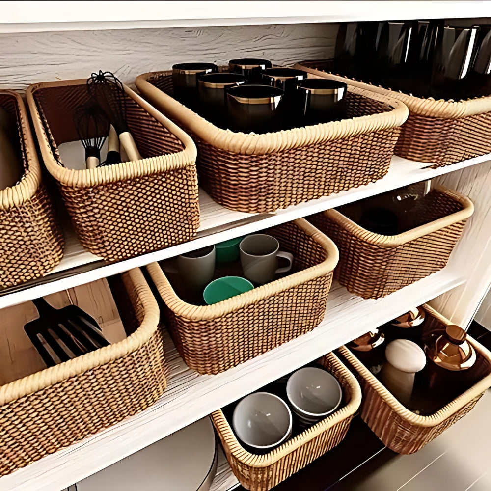 Hand-Woven Wicker Storage Basket - Natural Rattan Organizer