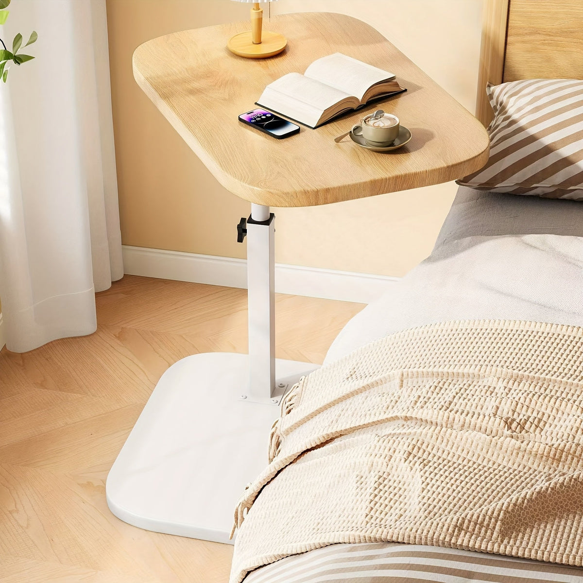 Height-Adjustable Small Side Table with Wooden Top - Versatile Bedside & Living Room Use