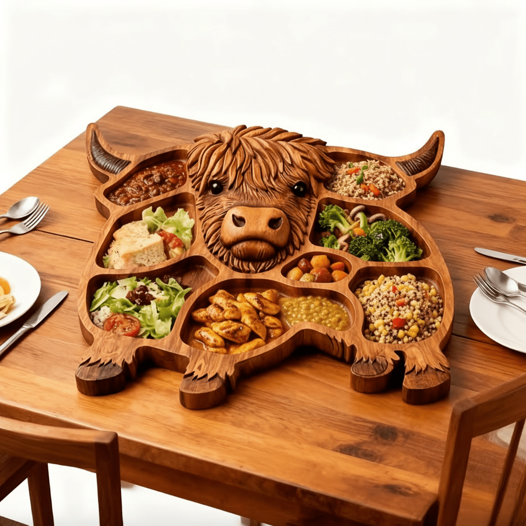 Highland Kitchen - Rustic Solid Wood Sausage Board with Cow Motif