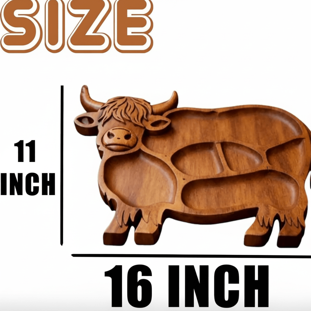 Highland Kitchen - Rustic Solid Wood Sausage Board with Cow Motif