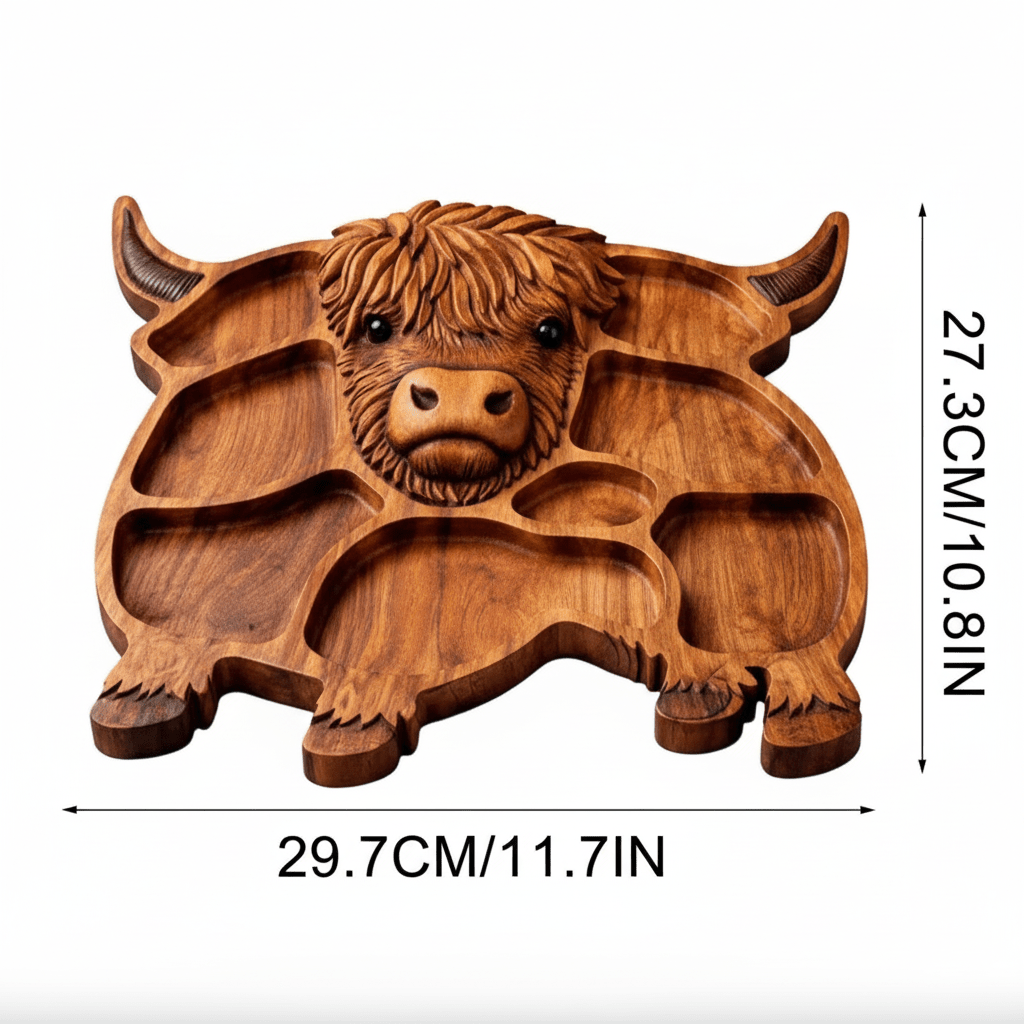 Highland Kitchen - Rustic Solid Wood Sausage Board with Cow Motif