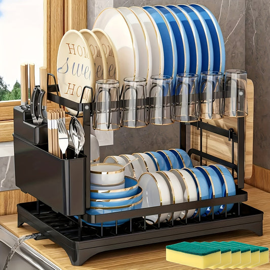 Homea - 2-Tier Rotating Stainless Steel Dish Drainer with Utensil Holder