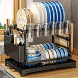Homea - 2-Tier Rotating Stainless Steel Dish Drainer with Utensil Holder