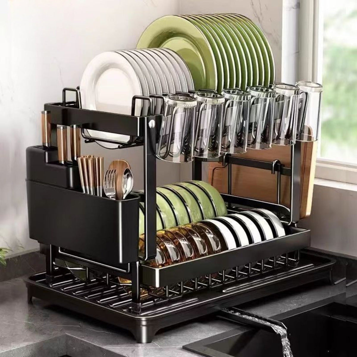 Homea - 2-Tier Rotating Stainless Steel Dish Drainer with Utensil Holder