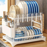 Homea - 2-Tier Rotating Stainless Steel Dish Drainer with Utensil Holder