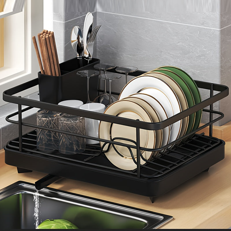 Homea - 2-Tier Rotating Stainless Steel Dish Drainer with Utensil Holder