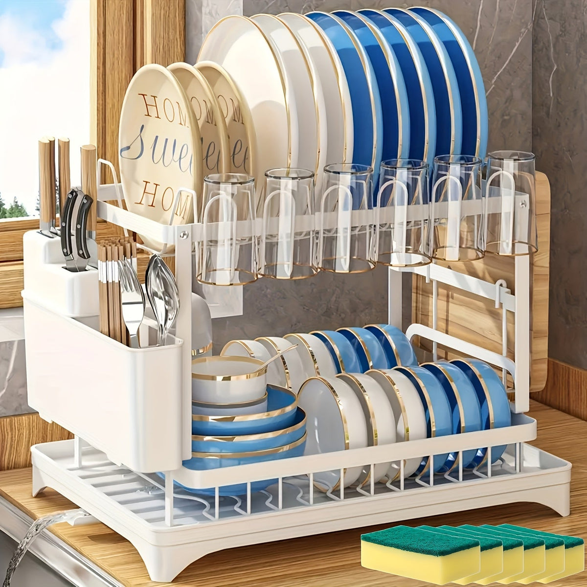 Homea - 2-Tier Rotating Stainless Steel Dish Drainer with Utensil Holder
