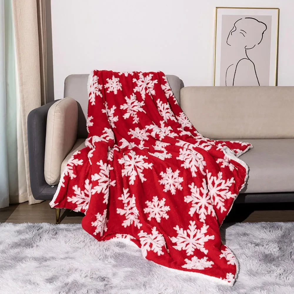 Luxurious Red Wool Blanket Throw - Soft Fleece & Snowflake Design