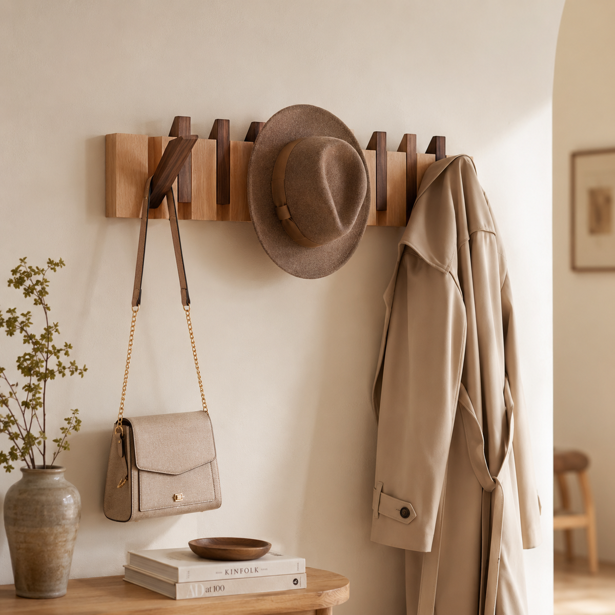 Natural Wood Wall-Mounted Piano Hanger Rack for Space-Saving