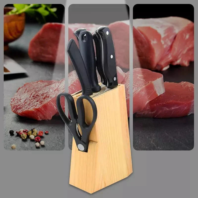 Premium 7-Piece Knife Set with Wooden Stand & Stainless Steel Blades