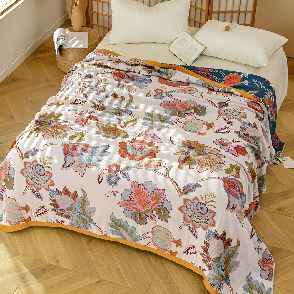 Reversible Flora Cotton Blanket - Lightweight Vintage Throw