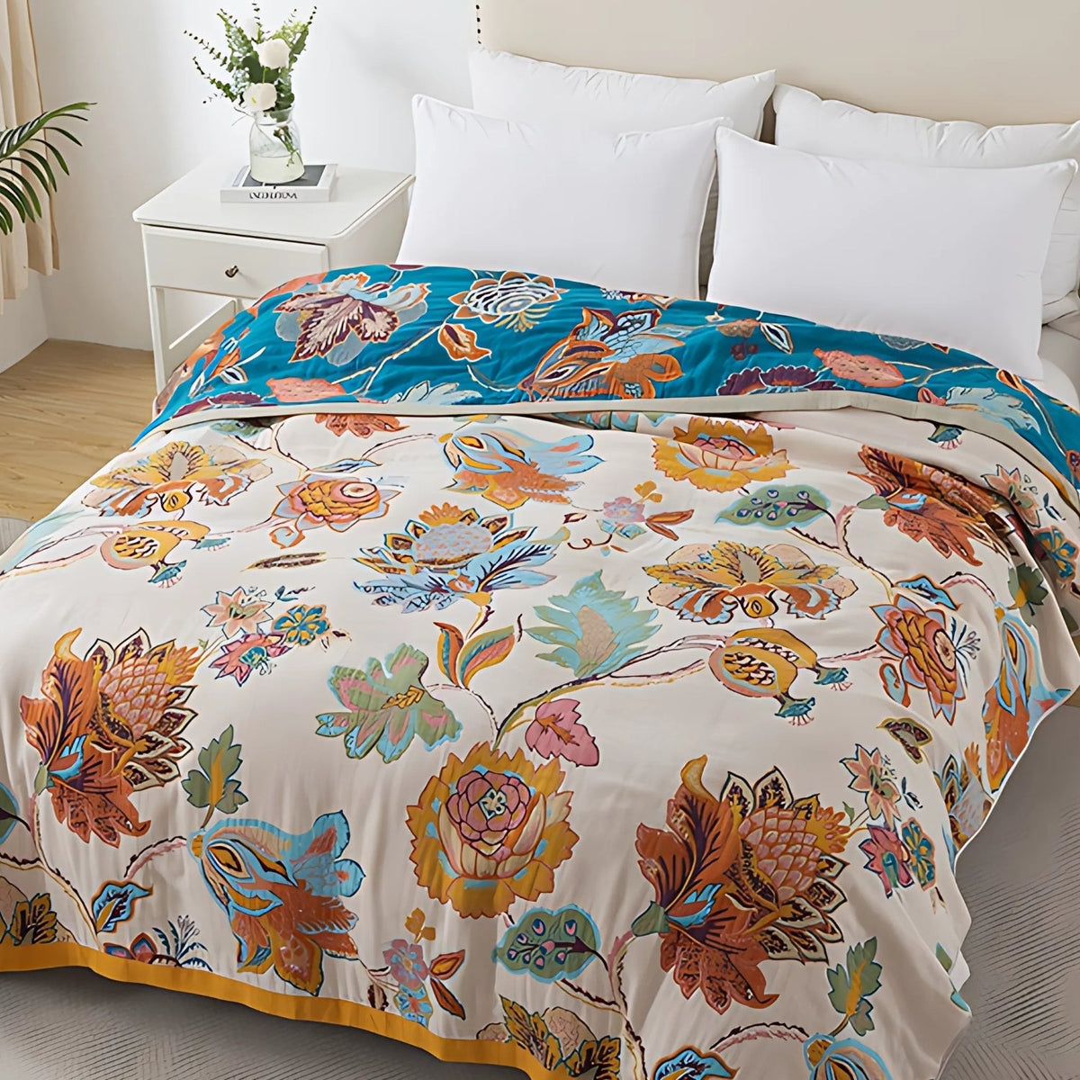 Reversible Flora Cotton Blanket - Lightweight Vintage Throw