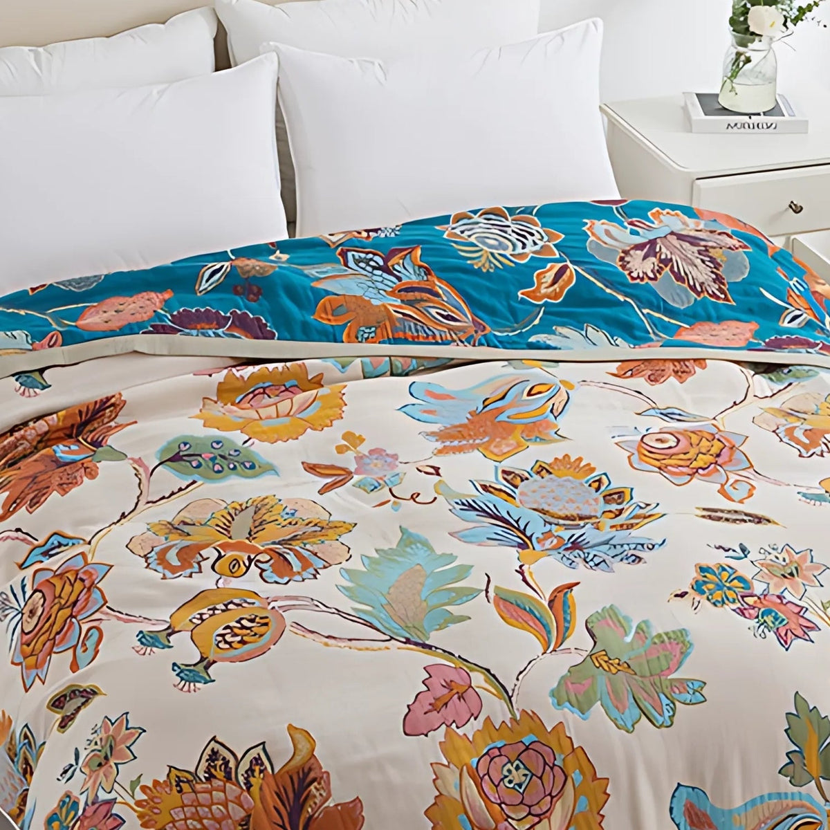Reversible Flora Cotton Blanket - Lightweight Vintage Throw