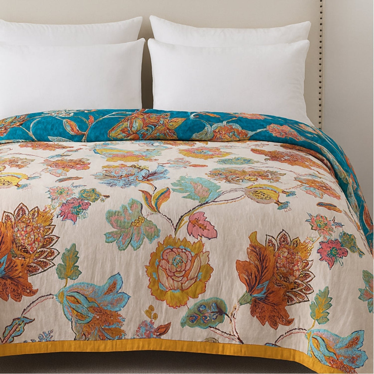 Reversible Flora Cotton Blanket - Lightweight Vintage Throw