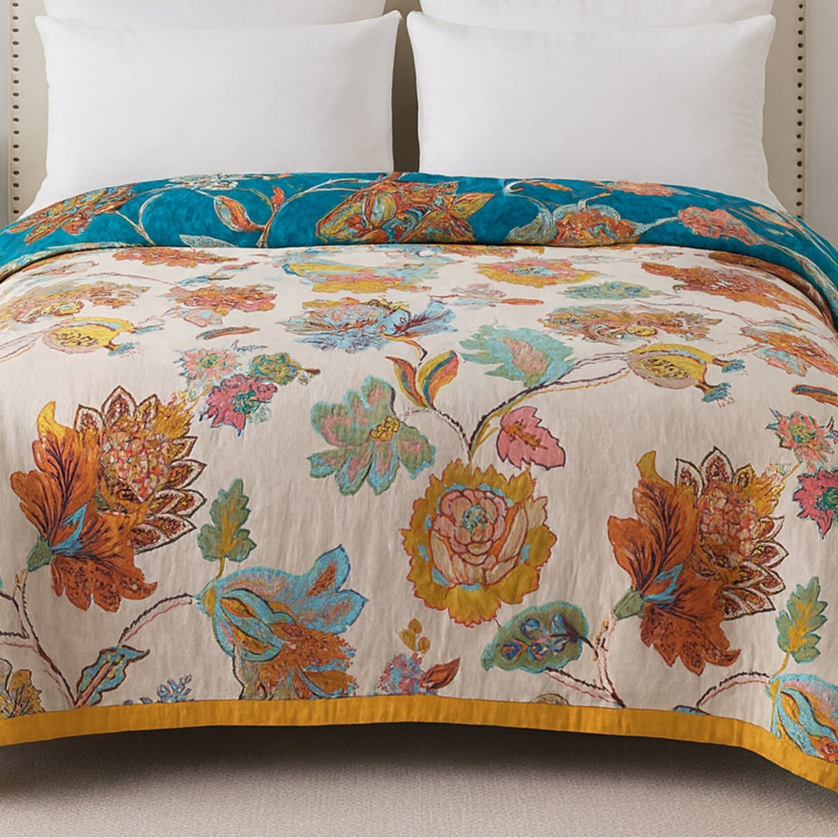 Reversible Flora Cotton Blanket - Lightweight Vintage Throw