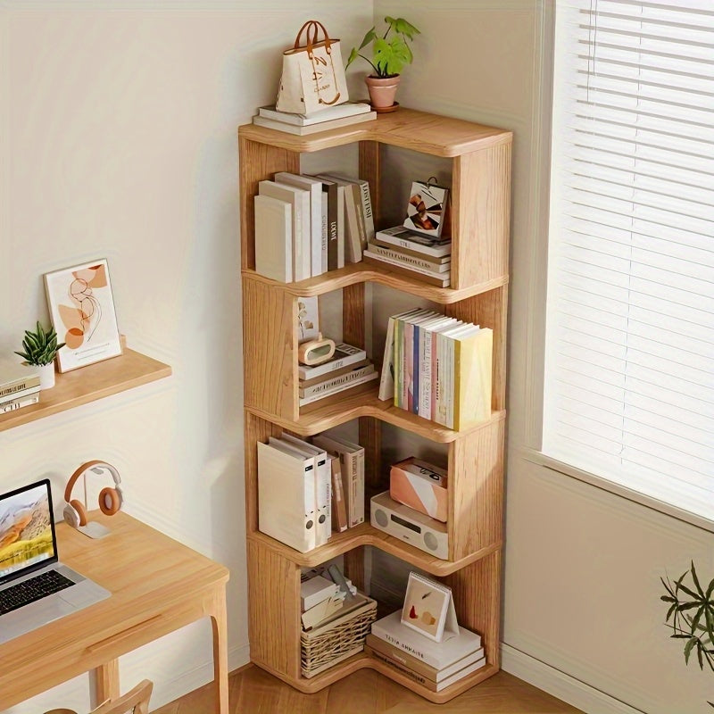 Solid Wood Tall Corner Cabinet with Slanted Shelves - Stylish Corner Storage Unit