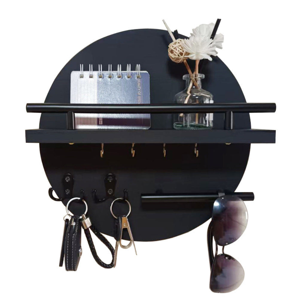 Stylish Round Wooden Key Holder for Wall with Shelf & Hooks