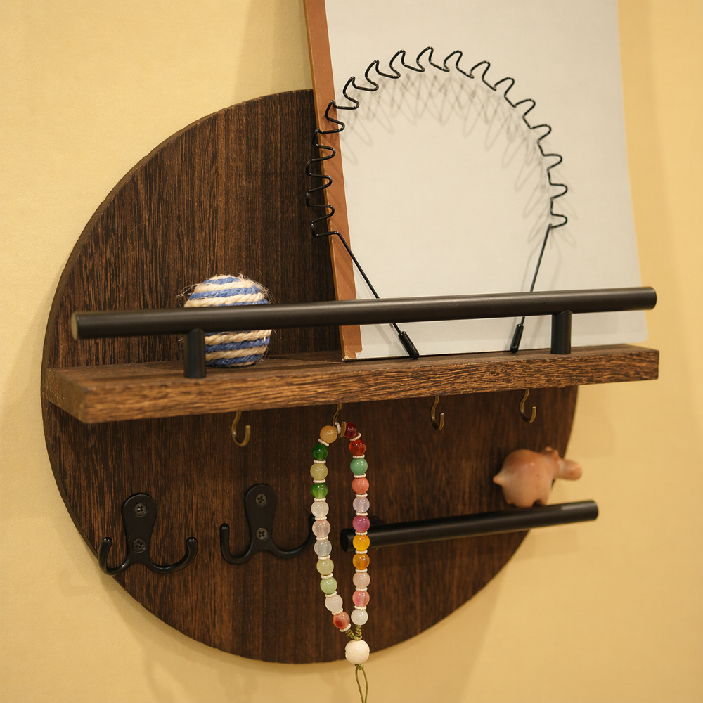 Stylish Round Wooden Key Holder for Wall with Shelf & Hooks