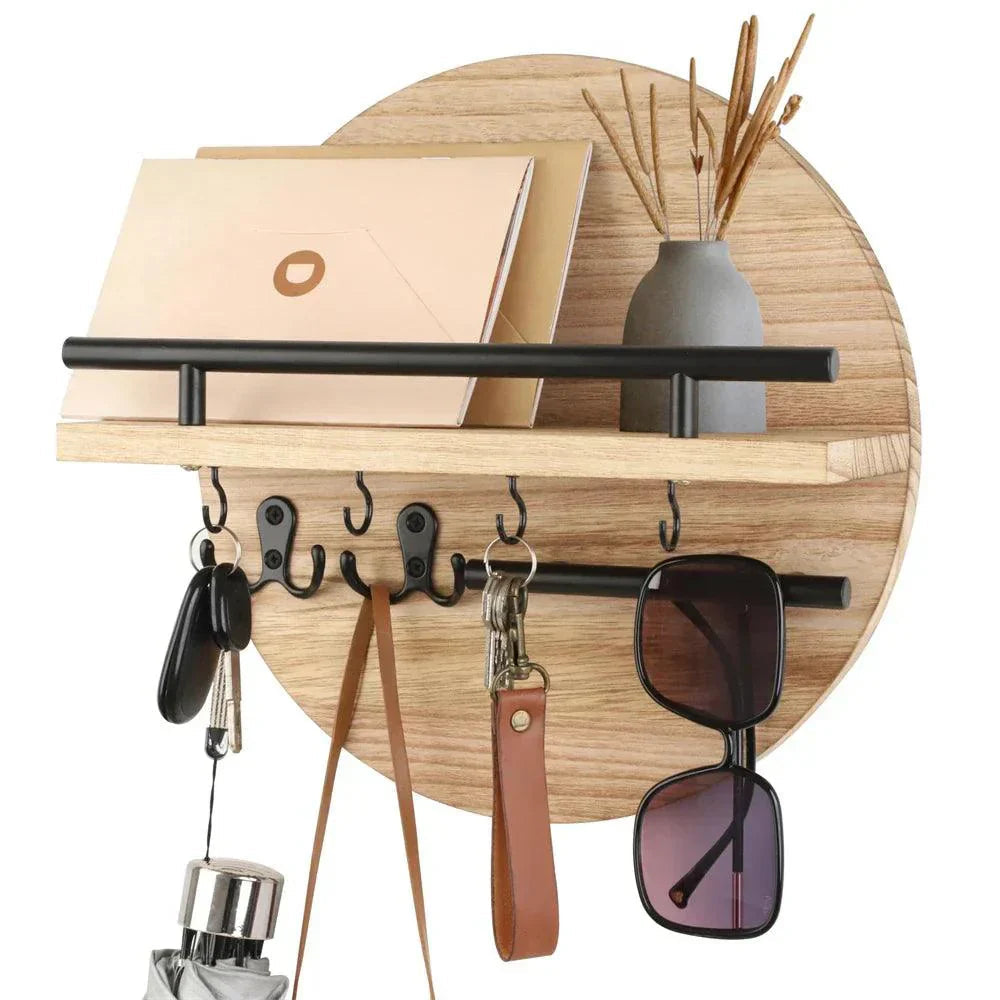 Stylish Round Wooden Key Holder for Wall with Shelf & Hooks