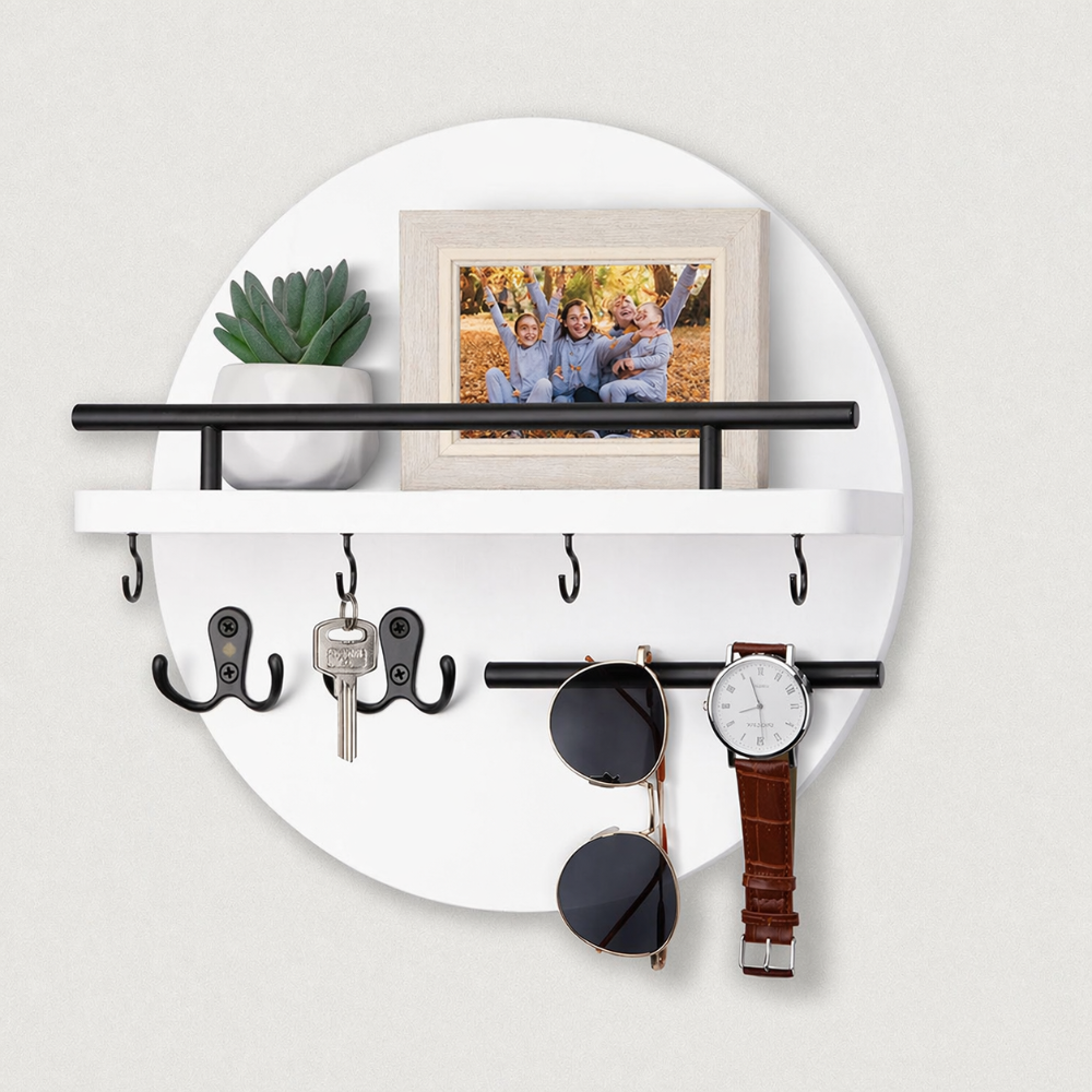 Stylish Round Wooden Key Holder for Wall with Shelf & Hooks