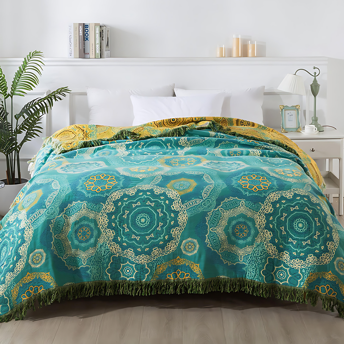 Teal Cotton Blanket - Four-Season Mandala Design Throw