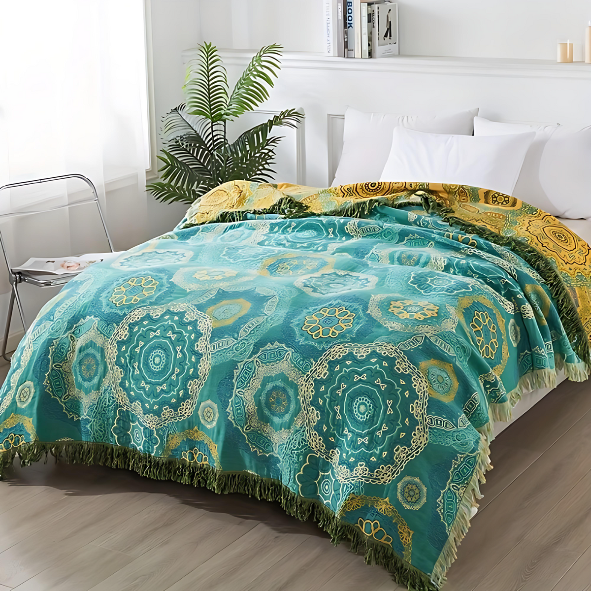 Teal Cotton Blanket - Four-Season Mandala Design Throw