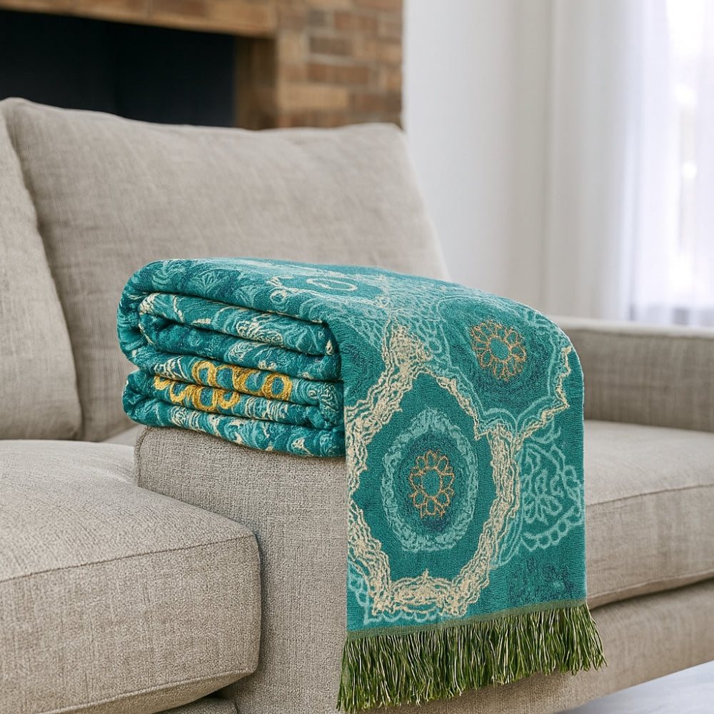 Teal Cotton Blanket - Four-Season Mandala Design Throw