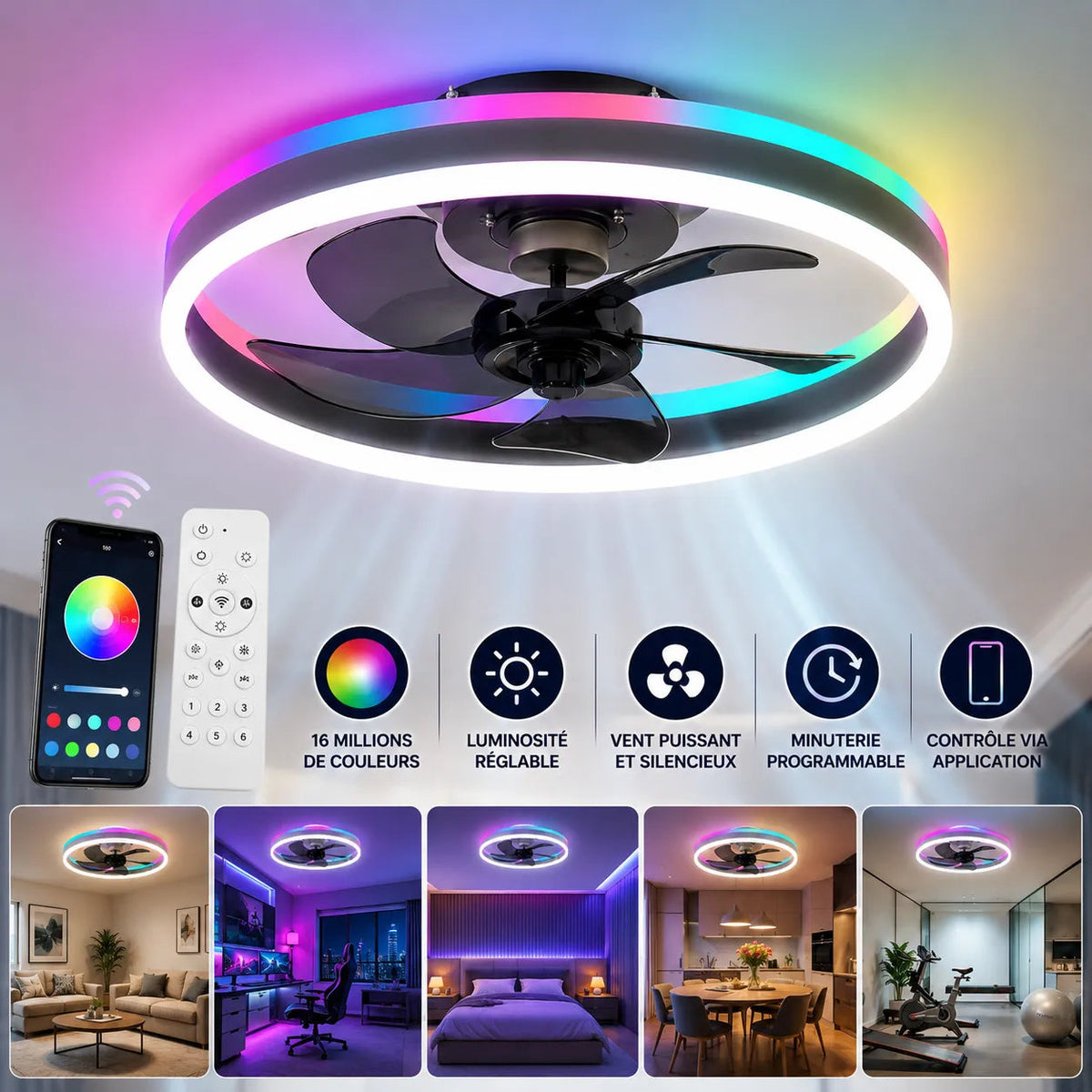 Ventorya - Modern Ceiling Fan with Dimmable LED Lights & Remote